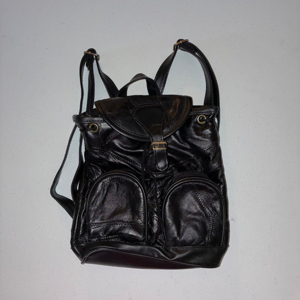 Vintage Black Genuine Leather Mini Patchwork Backpack Drawstring Bag Pocket